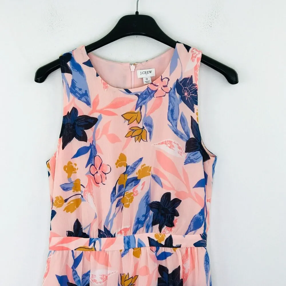 J Crew Women's 0 Dress Pink Blue Floral Sleeveless Crinkle Tiered Midi BW22